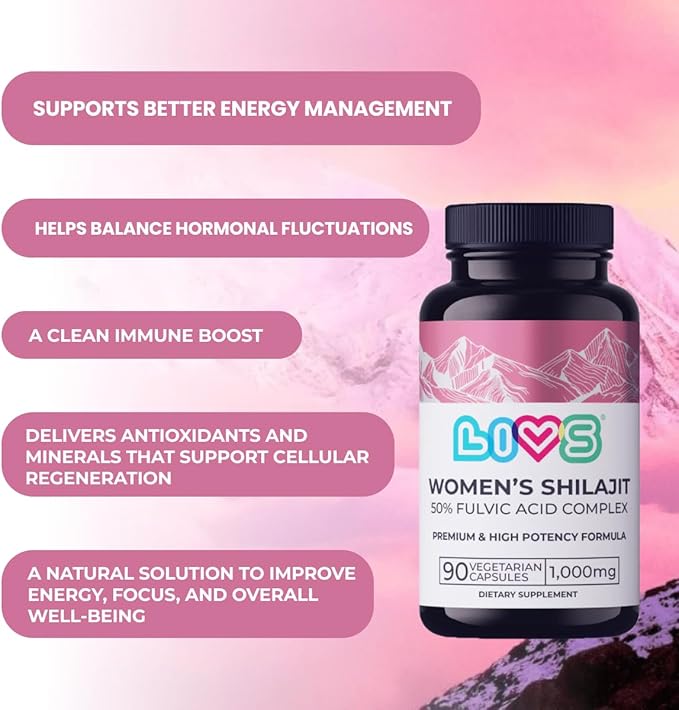 Women's Shilajit Fulvic Acid Capsules - Pure Himalayan Shilajit for Women | 1,000mg Himalayan Extract - 50% Fulvic Acid per Serving | Supports Hormonal Balance, Mood, Energy, & Vitality - 90 Ct