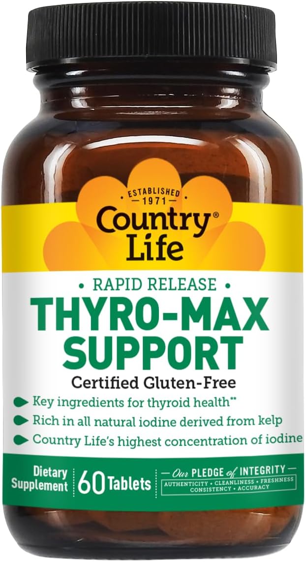 Country Life Thyro-Max Support - Kelp-Derived Iodine & L-Tyrosine Thyroid Supplement for Men and Women - B Vitamins, Gluten-Free, Vegan, Kosher - 60 Capsules