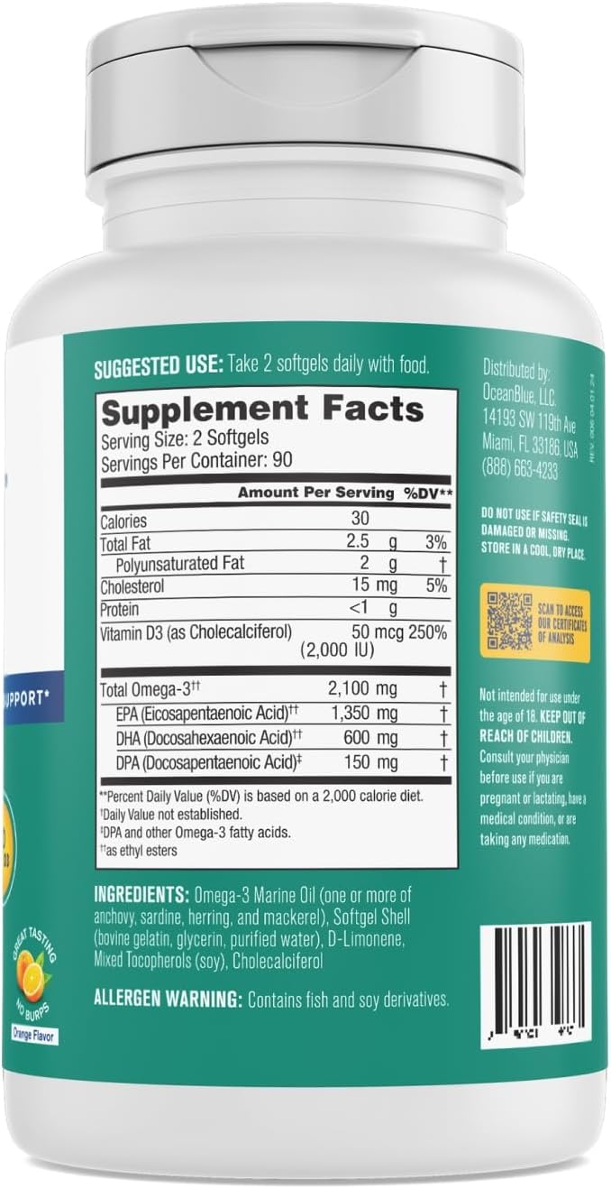 Oceanblue Professional Fish Oil with Vitamin D3 | Triple Strength 2100mg Omega 3 DPA EPA DHA | Wild Caught | Burpless Orange Flavor, 90 Servings (180 Count)