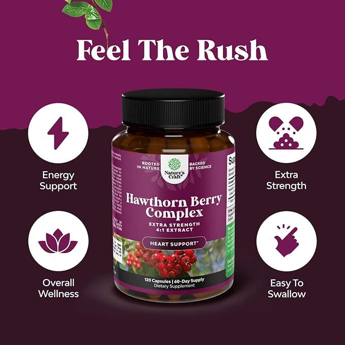 High Strength Hawthorn Berry Capsules - Pure Antioxidant Hawthorn Berry Supplement with Leaf & Flower Extract 4:1 for Healthy Heart & Digestion - Energy Support for Men & Women - 120 Count Pack