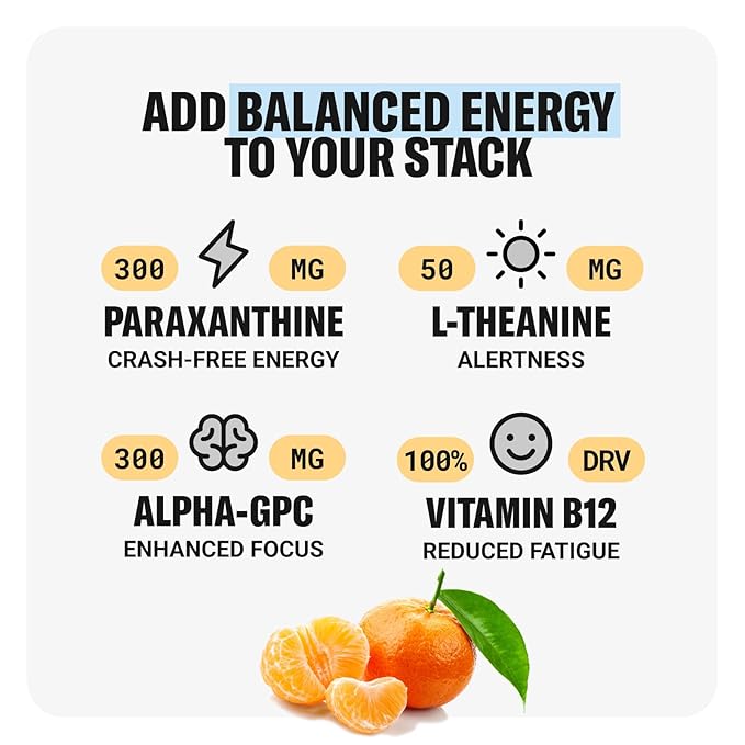 Drink Update No Sugar, Caffeine-Free Energy - Jitter and Crash Free, No Overstimulation, Healthy, Natural, Improved Focus, No Sucralose, No Artificial Flavors with Paraxanthine (Mandarin, 12 Pack)