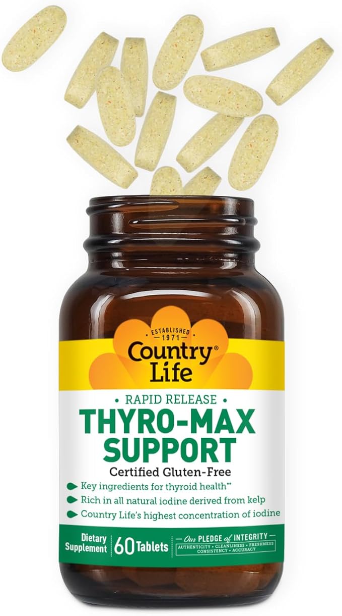 Country Life Thyro-Max Support - Kelp-Derived Iodine & L-Tyrosine Thyroid Supplement for Men and Women - B Vitamins, Gluten-Free, Vegan, Kosher - 60 Capsules