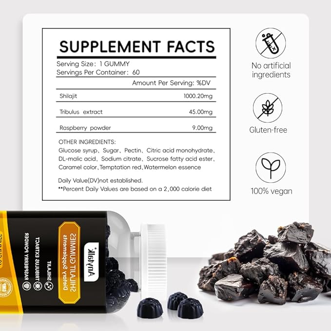 Shilajit Gummies with Shilajit & Tribulus Extract – Natural Energy Boost, Immune Support, Relieve Fatigue – Stamina Enhancer for Men & Women, Fitness & Daily Vitality