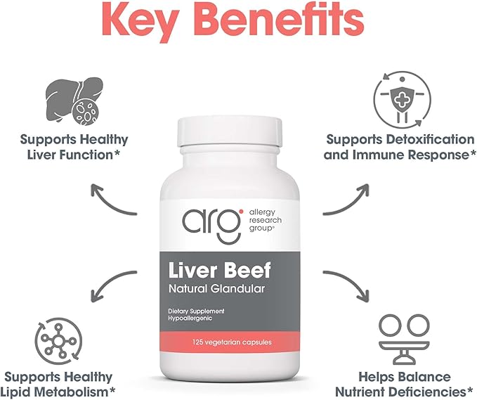 Allergy Research Group Beef Liver Supplement - Liver Function Support, Grass-Fed Beef Capsules 1000mg, Glandular Vitamins - 125 Count
