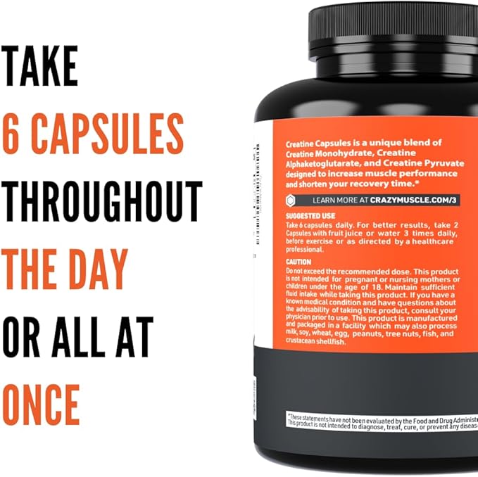 Crazy Muscle Creatine Capsules, 5g of Premium 3X ThreeAtine Pre Workout Bulk Mass Gainer, High Absorption Easy to Take Creatine Monohydrate, Optimum Performance for Men Women, 360 Capsules
