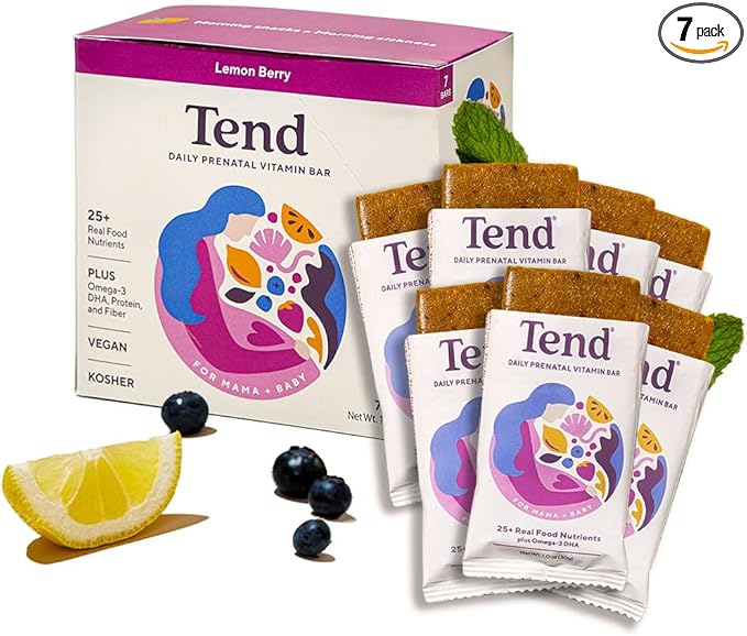 Tend Daily Best Prenatal Vitamin Bar, Made with Organic Ingredients for Pregnant & Postpartum Mothers, Includes DHA, Vitamin D, B, Choline, Folate - Lemon Berry (7ct)