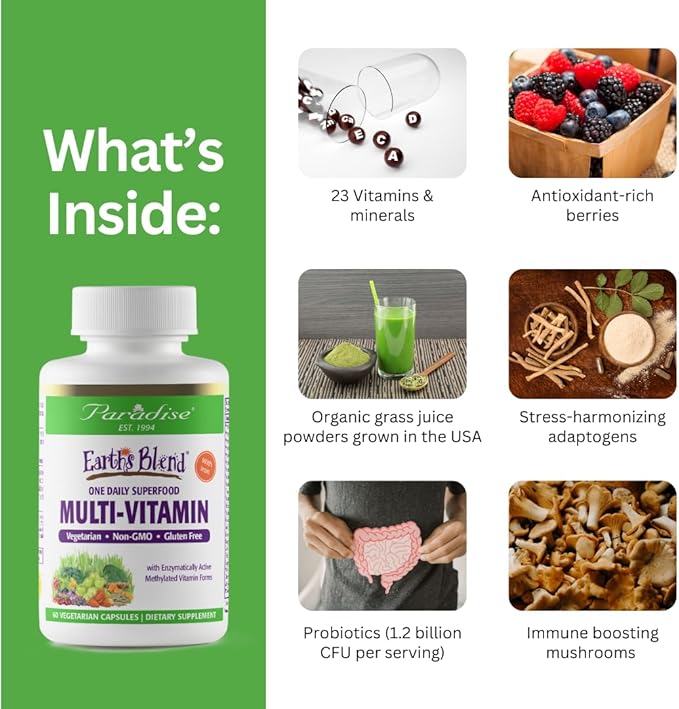 Paradise Herbs Earth's Blend Women's Once Daily Multivitamin with Iron, 48 Organic Superfoods, Probiotics, Antioxidants, Vitamins A, B12, C, D, K2, Daily Superfood, 30 Capsules