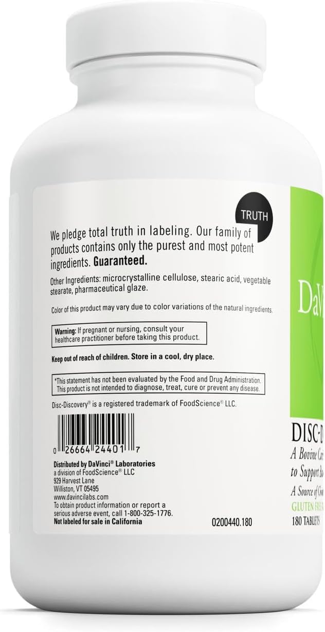 DaVinci Labs Disc Discovery - Dietary Supplement to Support Spinal Health - With Vitamin C, Vitamin D3, Bovine Tracheal Cartilage, Apple Pectin, Horsetail Powder, and More - Gluten-Free - 180 Capsules