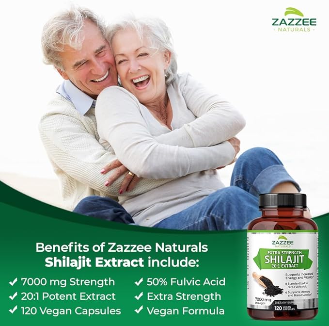 Zazzee 100% Pure Himalayan Shilajit 20:1 Extract, 7000 mg Strength per Capsule, 50% Fulvic Acid, 120 Servings per Bottle, 20X Potency, Rich in Trace Minerals, Non-GMO, Vegan, Made in The USA