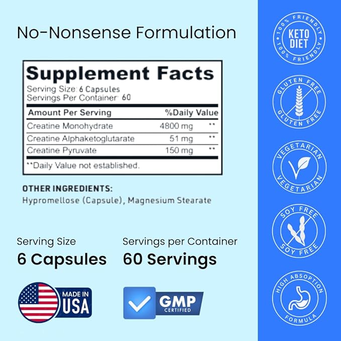 Crazy Muscle Creatine Capsules, 5g of Premium 3X ThreeAtine Pre Workout Bulk Mass Gainer, High Absorption Easy to Take Creatine Monohydrate, Optimum Performance for Men Women, 360 Capsules