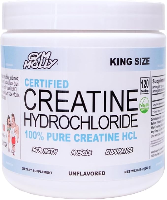 Gym Molly Creatine Hydrochloride (HCL) Powder, Highly Soluble Creatine Hydrochloride, Unflavored, Vegan, Workout Supplement for Men and Women, Muscle Builder Creatine Supplement (King Size)