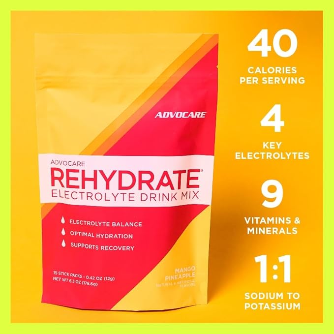 AdvoCare Rehydrate Electrolyte Drink Mix - Hydration & Recovery Drink with Sodium, Potassium & More - Mango Pineapple - 15 Hydration Packets