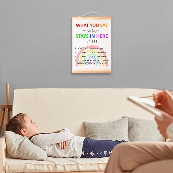 What You Say in Here Stays in Here Unless Poster Hanger Frame for Therapy Counseling Office Wall Decor,Mental Health Rainbow Canvas Wall Art Poster Print Wall Hanging 16x12in
