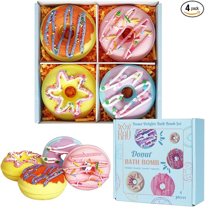 KAV Bath Bombs, 4 Donut Bath Bomb Gift Set, Natural Organic Bubble Bathbombs for Women, Gifts Stocking Stuffers Christmas Easter Self Care Gift Set for Ladies Girls Kids - 4 Scents