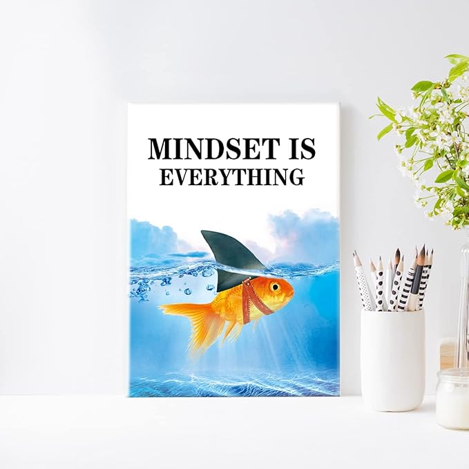 Mindset Is Everything Canvas Wall Art,Motivational Quote Wall Decor,Goldfish Shark Canvas Framed Decor Ready to Hang for Home Office Bedroom