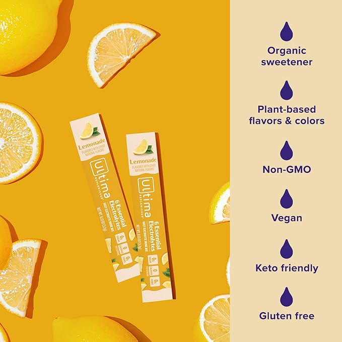 Ultima Replenisher Daily Electrolyte Powder Drink Mix – Sugar Free – Lemonade, 20 Stickpacks – Hydration Packets with 6 Key Electrolytes and Trace Minerals – Keto Friendly, Vegan, Non-GMO