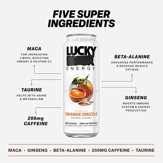 Lucky Energy Sugar Free Energy Drinks 19.2 Fl Oz Cans (Pack of 12) Healthy Energy Drink. Orange Drizzle with Maca, Ginseng, Taurine, Beta-Alanine, 200mg Caffeine (Packaging May Vary)