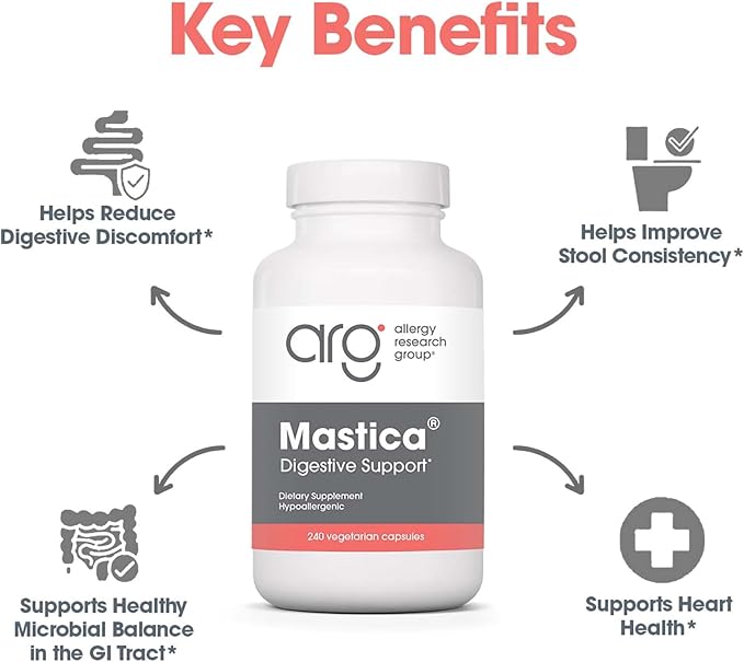 Allergy Research Group Mastica - Mastic Gum Capsules, Digestive Health Supplement for Adults, Mastic Resin Powder Capsules for Gut Health Support - 240 Count