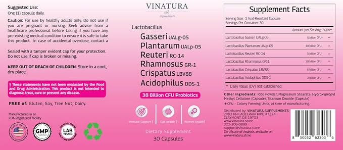 Lactobacillus Rhamnosus, Reuteri, Gasseri, Plantarum, Crispatus, Acidophilus Probiotics - 38 Billion CFU *USA Made & Tested* Vaginal Probiotics, Women Probiotic, Gut Health