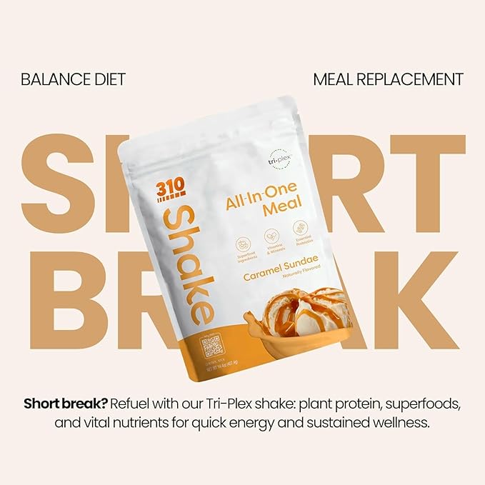 310 Nutrition All-In-One Meal Replacement Shake Powder - Plant-Based Protein Smoothie Blend w/High Fiber, Probiotics & Adaptogens - Low Carb, Vegan, Keto & Paleo Friendly - Caramel Sundae - 14 Srv