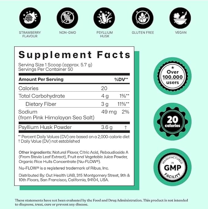 ColonBroom Psyllium Husk Powder (Strawberry) - Colon Cleanse for Bloating Relief & Gut Health - Colon Broom Fiber Powder Drink - Vegan, Gluten Free, Non-GMO Fiber Powder Supplement, 100 Servings