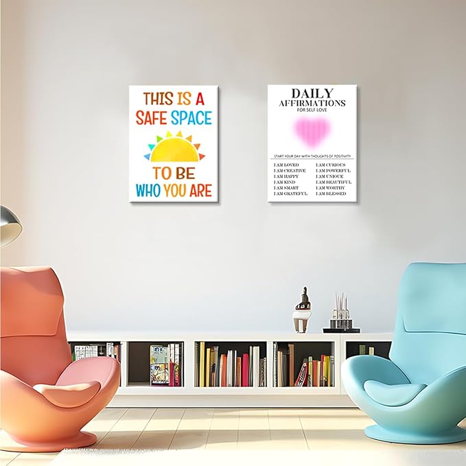 Mental Health Posters,Safe Space to be Who You are Poster Canvas Wall Art,Inspirational Canvas Framed Wall Art Ready to Hang for Therapy Office Home Nursery Classroom Wall Decor