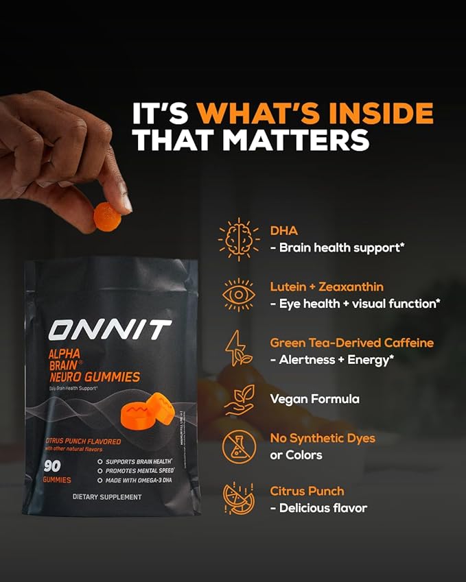 ONNIT Alpha Brain Neuro Focus Gummies - Vegan Gummies with Omega-3s, Lutein, Zeaxanthin & Caffeine - Brain, Eye & Focus Supplement for Men & Women†, Citrus Punch Flavor, 90 Count