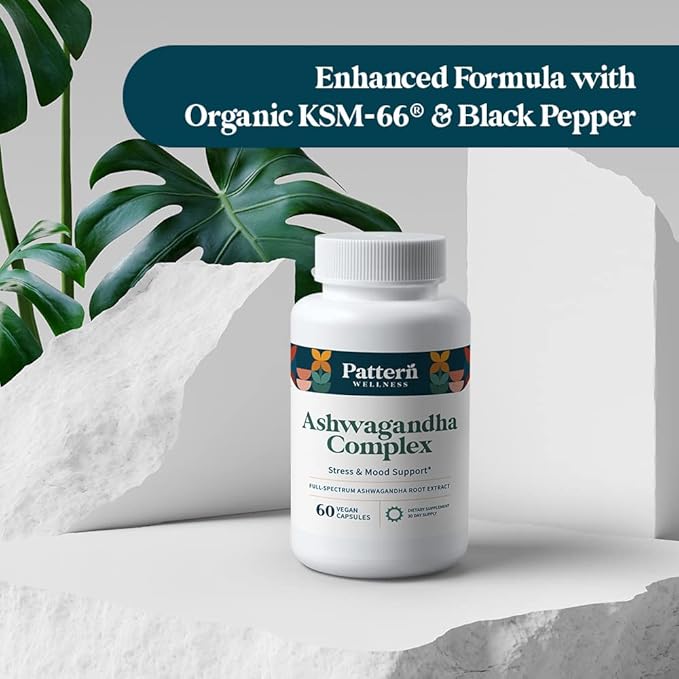 Pattern Wellness Ashwagandha Complex for Men & Women - KSM-66 & Black Pepper Extract - Whole Body & Heart Health - Supports Stress & Mood - Non-GMO - 120 Vegan Capsules