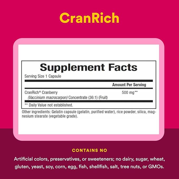 Natural Factors CranRich, Super Strength 36:1 Cranberry Concentrate, 500 mg, Sugar-Free Whole Fruit Cranberry Pills for Urinary Tract Health, 180 Capsules