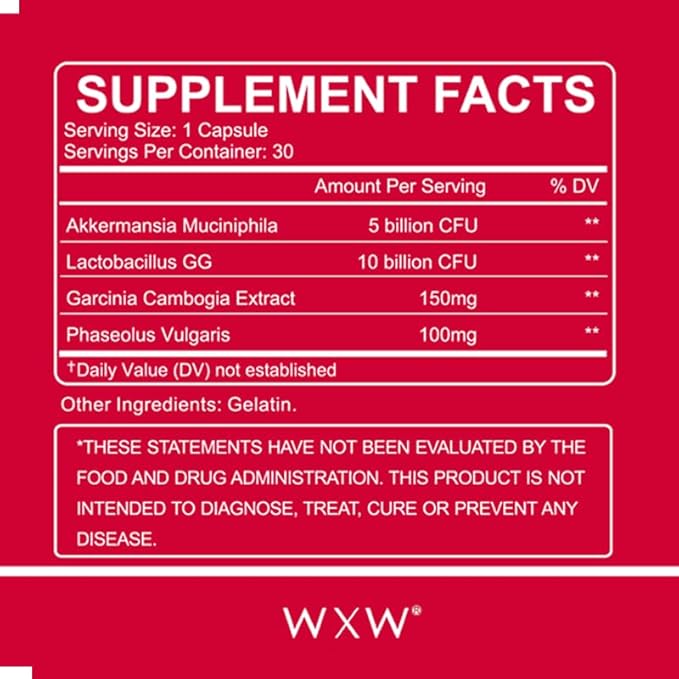 WXW Akkermansia Muciniphila Probiotic for Women and Men, Help GLP-1 Produce Naturally, Lactobacillus GG - Support for Metabolism Curb Cravings Digestive & Gut Health, 30 Capsules