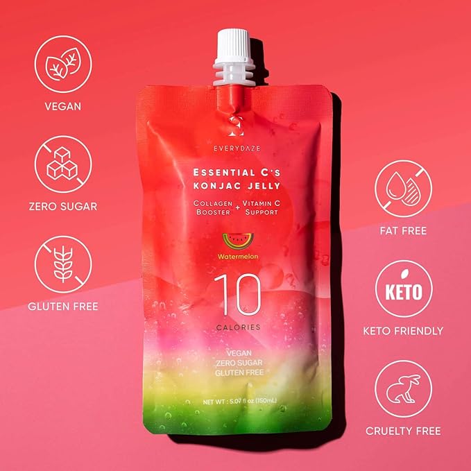 EVERYDAZE Essential C’s Konjac Jelly | Watermelon | Vegan Collagen Peptides and Vitamin C | Gluten Free, Sugar Free, Low Calorie | Healthy Drinkable Fruit Snack | 10 Pack Box Food Drink Pouch