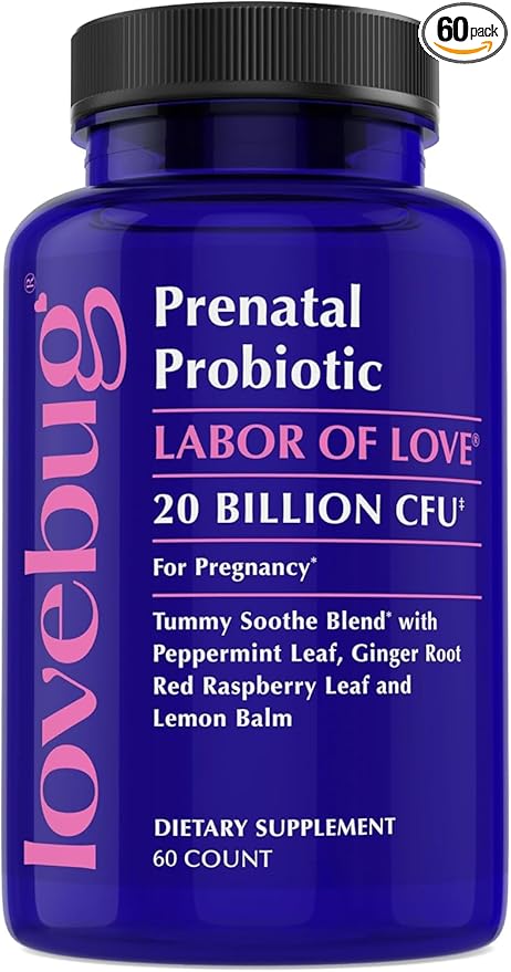 lovebug PROBIOTICS FSA HSA Prenatal Probiotic 20 Billion CFU Tummy Soothe Blend with Peppermint,Ginger Root,Red Raspberry Leaf & Lemon Balm 60 Count