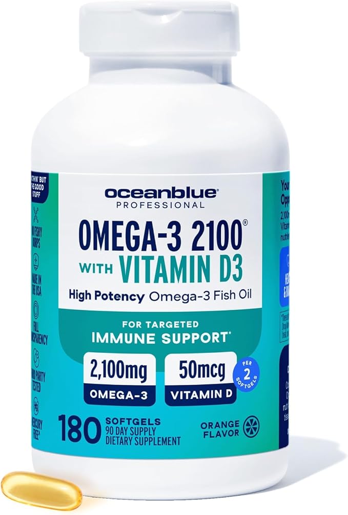 Oceanblue Professional Fish Oil with Vitamin D3 | Triple Strength 2100mg Omega 3 DPA EPA DHA | Wild Caught | Burpless Orange Flavor, 90 Servings (180 Count)