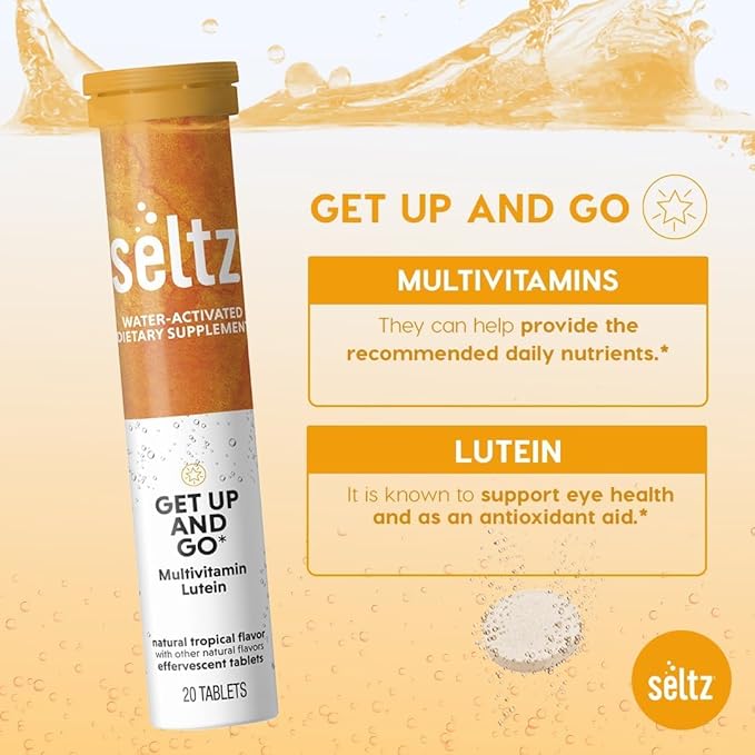 Seltz® Water-Activated Vitamins - Get Up and Go with Multivitamin and Lutein – Natural Tropical Flavor Dietary Supplement - 6 Packs x 20 Effervescent Tablets Each
