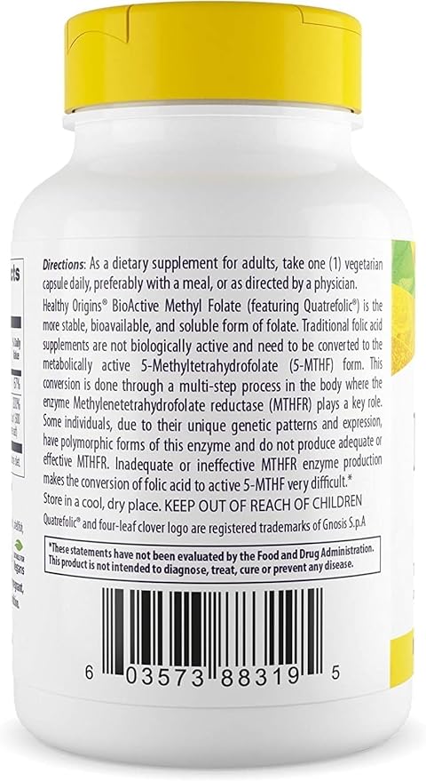 Healthy Origins Methyl Folate 800 mcg (Quatrefolic, Non-GMO, Bioavailable Folate, Gluten Free, Neurotransmitter Support), 120 Veggie Caps