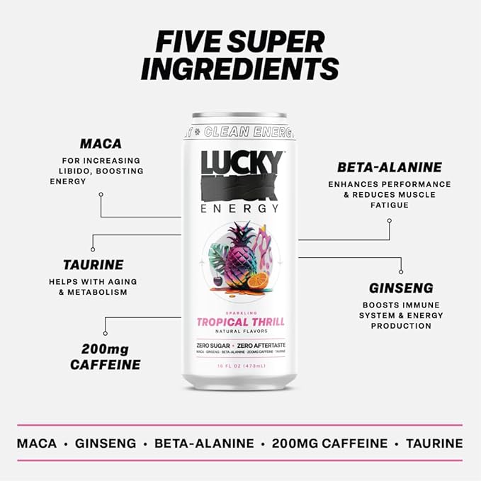 Lucky Energy Sugar Free Energy Drinks 19.2 Fl Oz Cans (Pack of 12) Healthy Energy Drink. Tropical Thrill with Maca, Ginseng, Taurine, Beta-Alanine, 200mg Caffeine (Packaging May Vary)