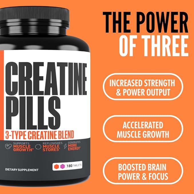 Crazy Muscle Creatine Monohydrate Pills, Premium 3 Type 5g Creatine Pills, Pre and PostWorkout & Keto Energy Builder, Easy to Take Three-Atine for Optimum Performance Men Women, 180 Tablets