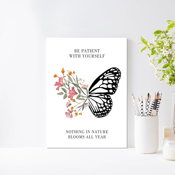 Mental Health Posters,Be Patient with Yourself Poster Canvas Wall Art,Inspirational Canvas Framed Wall Art Ready to Hang for Therapy Office Home Nursery Classroom Wall Decor