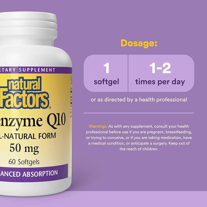 Natural Factors Coenzyme Q10 50 mg, Natural Coenzyme Q10 Supplement for Energy, Heart and Cognitive Support, 60 Softgels