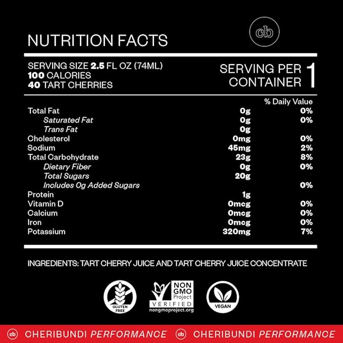Cheribundi | 100% Tart Cherry Juice Pure Concentrate Grab & Go | 2.5 Fluid Ounce Pouch for Maximum Recovery with 40 Tart Cherries | 100 Calories, 0 Preservatives, Non-GMO | 2.5 floz (Pack of 12)