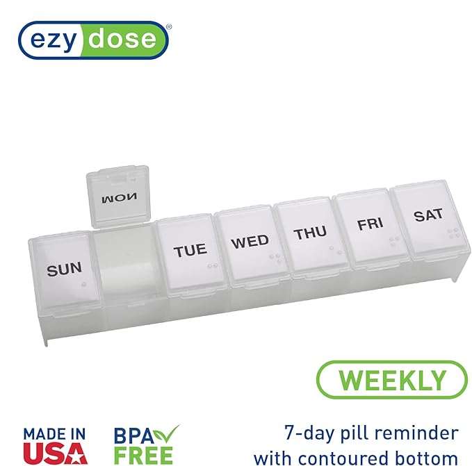 EZY DOSE Weekly (7-Day) Daily Pill Case, Medicine Planner, Vitamin Organizer, Supplement Container, Convenient and Easy to Use, Large Compartments, Travel Friendly, Clear, Made in The USA, BPA Free