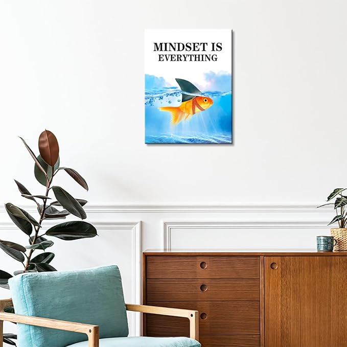 Mindset Is Everything Canvas Wall Art,Motivational Quote Wall Decor,Goldfish Shark Canvas Framed Decor Ready to Hang for Home Office Bedroom