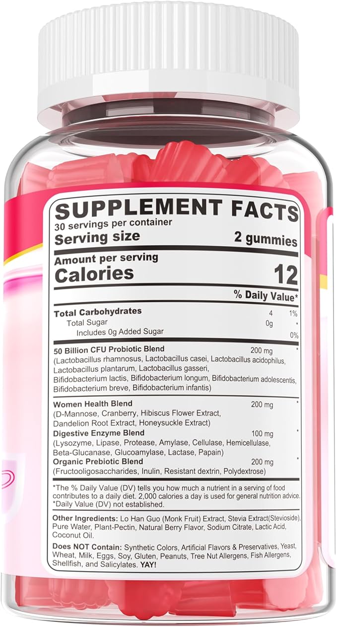 Vaginal Probiotics Gummies for Women PH Balance, Odor Control with Prebiotics, Cranberry, D-Mannose, Promotes Feminine Healthy Vaginal Flora, Urinary Tract, Yeast, Digestive Support, Sugar Free,120Cts