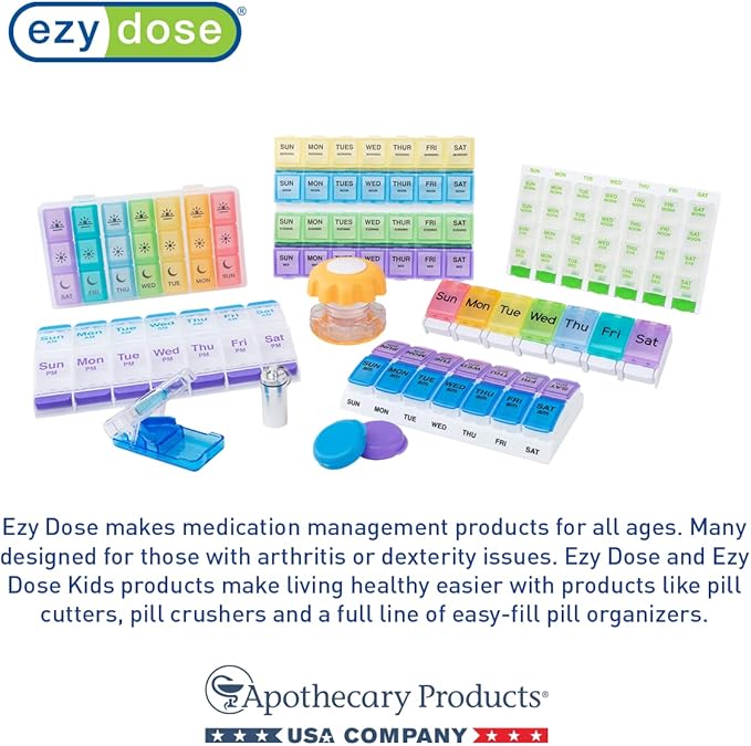 EZY DOSE Weekly (7-Day) Daily Pill Case, Medicine Planner, Vitamin Organizer, Supplement Container, Convenient and Easy to Use, Large Compartments, Travel Friendly, Black, Made in the USA, BPA Free