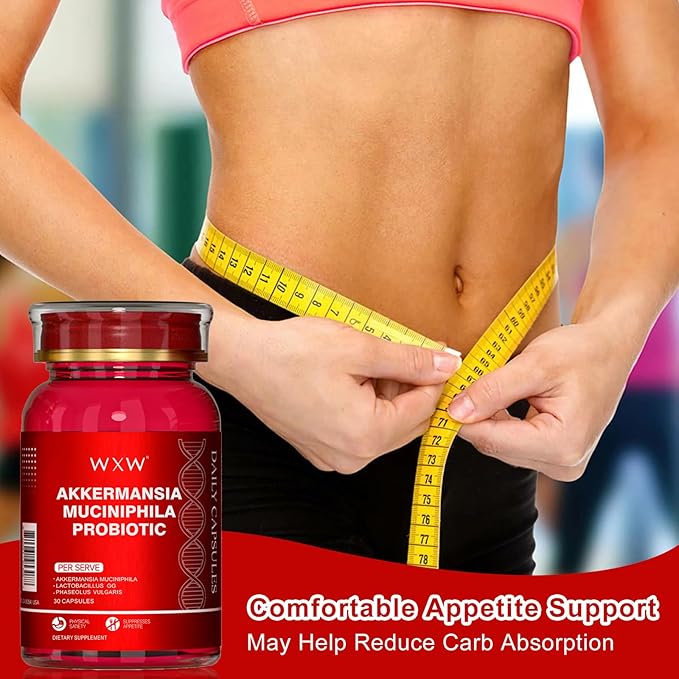 WXW Akkermansia Muciniphila Probiotic for Women and Men, Help GLP-1 Produce Naturally, Lactobacillus GG - Support for Metabolism Curb Cravings Digestive & Gut Health, 30 Capsules