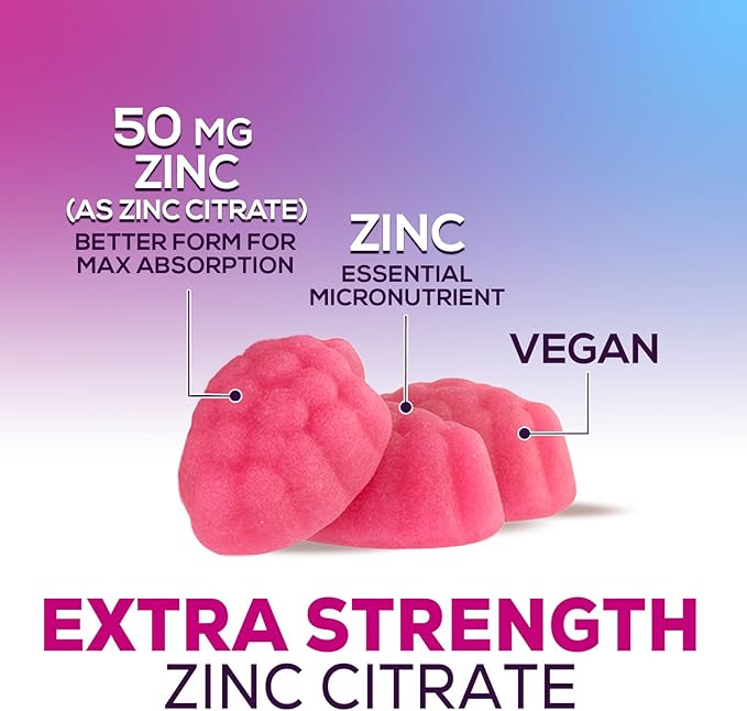 Zinc Supplement 50mg Gummies for Adults - Max Strength Skin Health & Immune Support Gummy, Vegan, Non-GMO & Gluten Free, Nature’s Antioxidant & Bone Health Chewable Tasty Berry Flavor - 120 Gummies