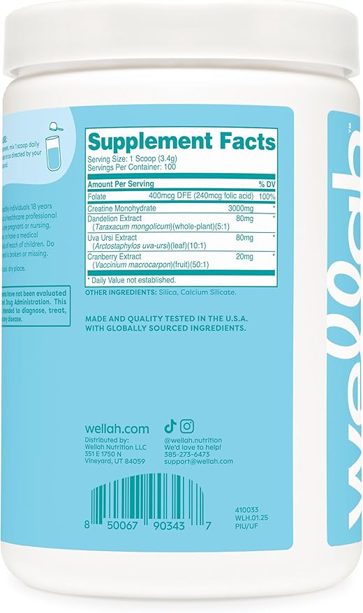 Wellah Pump-It-Up Creatine (100 Servings, Unflavored) - Creatine Monohydrate with Dandelion, Uva Ursi, & Cranberry Extract