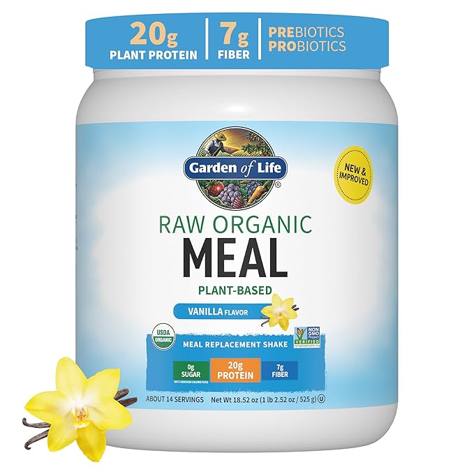 Garden of Life Meal Replacement Shakes, Vegan Raw Organic Protein Powder, Vanilla Protein Powder with Plant Based Pea Protein, Sprouts, Greens, Probiotics, Dairy Free 14 Servings