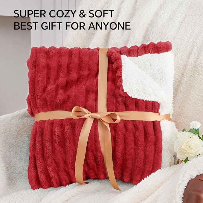 INFIIXSO Sherpa Fleece King Size Blanket - Super Soft & Warm Striped Fleece, Cozy Plush Fluffy Large Bed Blanket All Season Use (Red, 104x90 Inches)