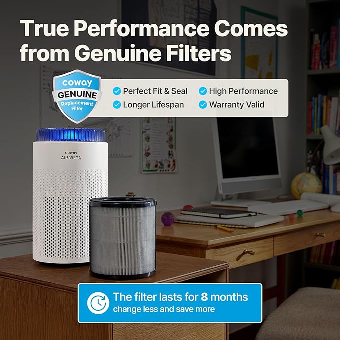 COWAY Air Purifiers for Bedroom Home up to 450 ft², HyperCaptive Filter for Smoke, Allergies, Pet Dander, AQI Monitor, Auto&Sleep Mode, Timer, Filter Indicator, Night Light, 3yr Warranty, 50 White